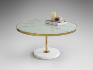 MASUTA DE CAFEA DEKALA, 90 CM, EFECT DE MARMURA ALBA/AURIU/ALB, BLAT DIN MARMURA SI STICLA SECURIZATA SI PICIOR DIN OTEL, STIL MODERN - Img 3