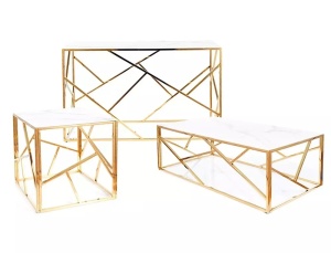 MASUTA DE CAFEA ESCADA A II, 120 CM, EFECT DE MARMURA ALBA/AURIU, BLAT DIN STICLA SECURIZATA SI CADRU DIN METAL, STIL MODERN - Img 5