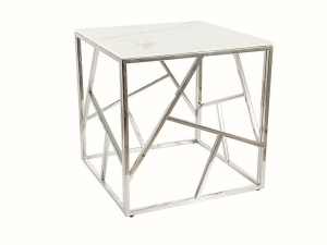 MASUTA DE CAFEA ESCADA B II, 55 CM, EFECT DE MARMURA ALBA/CROM, BLAT DIN STICLA SECURIZATA SI CADRU DIN METAL, STIL MODERN - Img 1
