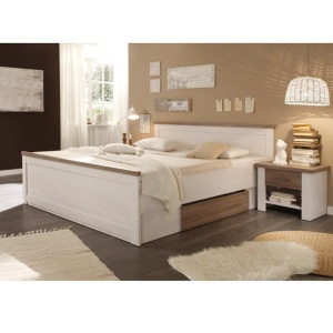 PAT CU SPATIU PENTRU DEPOZITARE SI 2X NOPTIERE LUMERA, PIN ALB/STEJAR, STIL MODERN, TK - Img 2
