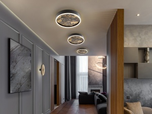 PLAFONIERA STONE, 40CM, NEGRU MAT/GRI, DIN METAL SI ARDEZIE SINTETICA, STIL MODERN - Img 3