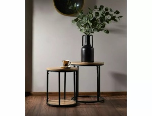 SET 2 MASUTE DE CAFEA INTO, 35/40 CM, STEJAR ARTISAN/NEGRU, BLAT DIN MDF, FURNIR NATURAL SI CADRU DIN METAL, STIL MODERN - Img 2