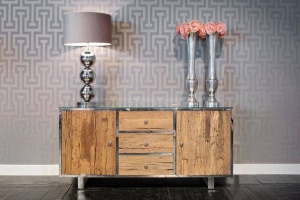 COMODA KENSINGTON, 172 CM, MARO/CROM, DIN LEMN RECICLAT, METAL SI STICLA, STIL INDUSTIAL, B2