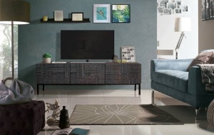 COMODA TV 6718, DIN LEMN DE MANGO SCULPTAT SI METAL, STIL INDUSTRIAL G&C