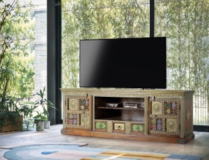 COMODA TV DIANE 1287, MULTICOLORA, DIN LEMN DE ACACIA/BRONZ, STIL ETNIC G&C