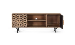 COMODA TV LIVING 147CM, NATURAL/NEGRU, DIN LEMN DE MANGO SI METAL, MODEL DEOSEBIT