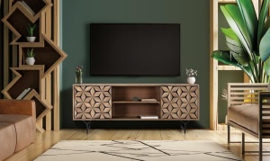 COMODA TV LIVING 147CM, NATURAL/NEGRU, DIN LEMN DE MANGO SI METAL, MODEL DEOSEBIT - Img 2