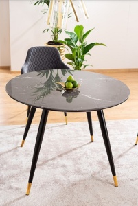MASA DINING CYRYL II, 100 CM, EFECT DE MARMURA NEAGRA/NEGRU/AURIU, DIN MDF, STICLA SECURIZATA SI METAL, STIL MODERN - Img 3