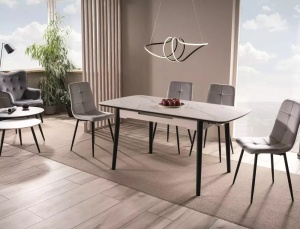 MASA DINING EXTENSIBILA APOLLO, 150/190 CM, EFECT DE MARMURA ALBA/NEGRU, BLAT DIN CERAMICA SI PICIOARE DIN LEMN, STIL MODERN - Img 1