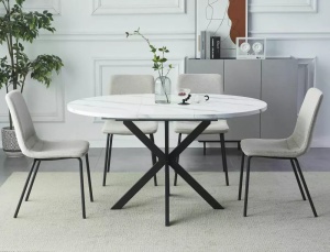MASA DINING EXTENSIBILA GASTON, 100/135 CM, EFECT DE MARMURA ALBA/NEGRU, BLAT DIN MDF SI PICIOARE DIN METAL, STIL MODERN - Img 1