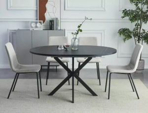 MASA DINING EXTENSIBILA GASTON, 100/135 CM, EFECT DE MARMURA NEAGRA/NEGRU, BLAT DIN MDF SI PICIOARE DIN METAL, STIL MODERN - Img 1