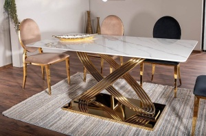MASA DINING HERMES, 160 CM, EFECT DE MARMURA ALBA/AURIU, BLAT DIN CERAMICA SI PICIOARE DIN METAL , STIL MODERN - Img 2