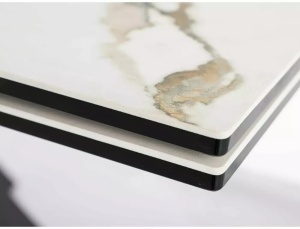 MASA EXTENSIBILA COLUMBUS, EFECT DE MARMURA ALBA/NEGRU MAT, 160/240 CM, DIN STICLA SECURIZATA, CERAMICA SI METAL, STIL MODERN - Img 8