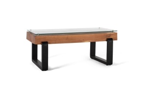 MASUTA DE CAFEA 120CM, NATUR/NEGRU, LEMN RECICLAT, STICLA SI METAL, MODEL DEOSEBIT