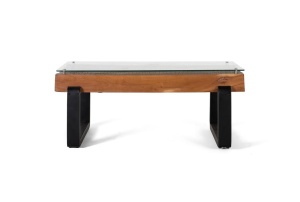 MASUTA DE CAFEA 120CM, NATUR/NEGRU, LEMN RECICLAT, STICLA SI METAL, MODEL DEOSEBIT - Img 3