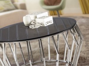MASUTA DE CAFEA CIROS, 90 CM, FUMURIU/CROM, BLAT DIN STICLA SI PICIOR DIN METAL, STIL MODERN - Img 3