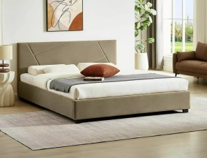 PAT DORMITOR COLUMBIA, CU SPATIU DE DEPOZITARE, 140 CM, BEJ BLUVEL 28, TAPITERIE DIN CATIFEA, STIL MODERN - Img 1
