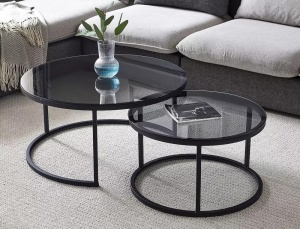 SET 2 MASUTE DE CAFEA FERRANTE E, 60/80 CM, FUMURIU/NEGRU, BLAT DIN STICLA SECURIZATA SI CADRU DIN METAL, STIL MODERN - Img 3