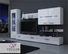 SET MOBILIER LIVING ALB COMODA TV + VITRINA + 2 RAFTURI + DULAP SUSPENDAT STUTTGART - DESIGN MODERN