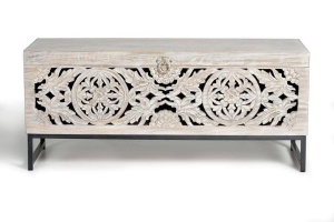 LADA PENTRU DEPOZITARE/CUFAR DORA 116CM, ALB ANTICHIZAT/NEGRU, LEMN DE MANGO SCULPTAT SI METAL, GINER Y COLOMER