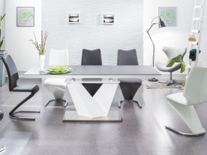 MASA EXTENSIBILA ALARAS II, NEGRU/ALB/CROM, 120/180 CM, DIN STICLA SECURIZATA, MDF SI METAL, STIL MODERN - Img 1