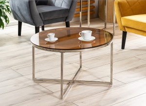 MASUTA DE CAFEA CRYSTAL A, 80 CM, CHIHLIMBAR/CROM, BLAT DIN STICLA SECURIZATA SI CADRU DIN METAL, STIL MODERN - Img 1