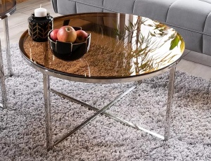 MASUTA DE CAFEA CRYSTAL A, 80 CM, CHIHLIMBAR/CROM, BLAT DIN STICLA SECURIZATA SI CADRU DIN METAL, STIL MODERN - Img 5