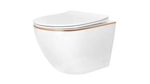 SET VAS DE TOALETA CARLO FLAT MINI+BIDEU CARLO MINI EDGE SUSPENDATE, ALB/AURIU, DIN CERAMICA, CALITATE SUPERIOARA - Img 3