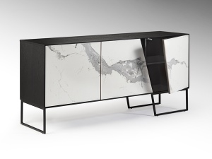 COMODA/BUFET KERALA, 160 CM, EFECT DE MARMURA ALBA/NEGRU/NEGRU MAT, DIN MDF, CERAMICA SI CADRU DIN METAL, STIL MODERN - Img 3