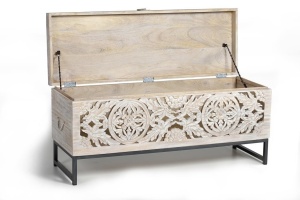 LADA PENTRU DEPOZITARE/CUFAR DORA 116CM, ALB ANTICHIZAT/NEGRU, LEMN DE MANGO SCULPTAT SI METAL, GINER Y COLOMER - Img 6