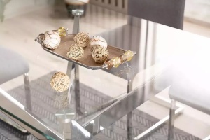 MASA DINING AGIS II, 140 CM, TRANSPARENT/CROM, BLAT DIN STICLA SECURIZATA SI METAL, STIL MODERN - Img 7
