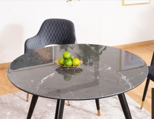 MASA DINING CYRYL II, 100 CM, EFECT DE MARMURA NEAGRA/NEGRU/AURIU, DIN MDF, STICLA SECURIZATA SI METAL, STIL MODERN - Img 5