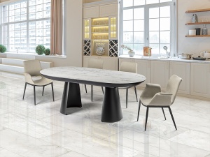MASA DINING EXTENSIBILA CAPRI, 206/406 CM, EFECT DE MARMURA ALBA/NEGRU MAT, BLAT DIN MDF LAMINAT SI PICIOARE DIN METAL, STIL MODERN
