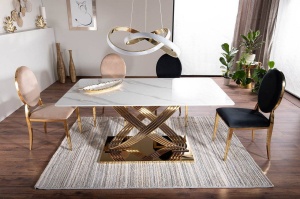 MASA DINING HERMES, 160 CM, EFECT DE MARMURA ALBA/AURIU, BLAT DIN CERAMICA SI PICIOARE DIN METAL , STIL MODERN - Img 4