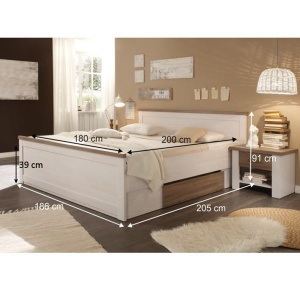 PAT CU SPATIU PENTRU DEPOZITARE SI 2X NOPTIERE LUMERA, PIN ALB/STEJAR, STIL MODERN, TK - Img 3