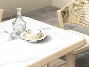 SET MOBILIER DE TERASA BRIZNA, MASA+6 SCAUNE, EFECT DE MARMURA ALBA/FAG/BEJ, DIN LEMN DE FAG SI FIBRA SINTETICA, STIL MODERN - Img 5