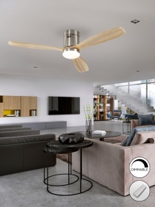 VENTILATOR SIROCO, CU TELECOMANDA, 30 CM, NICHEL SATINAT/NATURAL/OPAL, DIN METAL SI LEMN, STIL MODERN