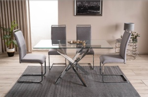 MASA DINING AGIS II, 140 CM, TRANSPARENT/CROM, BLAT DIN STICLA SECURIZATA SI METAL, STIL MODERN - Img 1