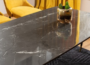 MASA DINING CYRYL I, 140 CM, EFECT DE MARMURA NEAGRA/NEGRU/AURIU, DIN MDF, STICLA SECURIZATA SI METAL, STIL MODERN - Img 3