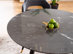MASA DINING CYRYL II, 100 CM, EFECT DE MARMURA NEAGRA/NEGRU/AURIU, DIN MDF, STICLA SECURIZATA SI METAL, STIL MODERN - Img 6