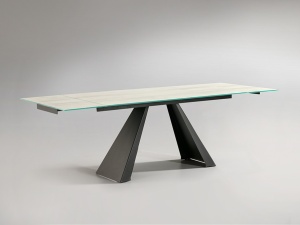 MASA DINING EXTENSIBILA ALAI, 160/240 CM, ALB CU NERVURI/NEGRU NISIPIU, BLAT DIN STICLA SECURIZATA SI PICIOARE DIN METAL, STIL MODERN - Img 4
