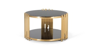 MASUTA DE CAFEA 90CM, CULOARE AURIU/NEGRU, STICLA SECURIZATA SI METAL, MODEL DEOSEBIT