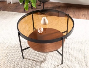 MASUTA DE CAFEA PRIMA B, 74 CM, CHIHLIMBAR/NUC/NEGRU, BLAT DIN STICLA SECURIZATA, MDF SI CADRU DIN METAL, STIL MODERN - Img 7