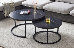 SET 2 MASUTE DE CAFEA FERRANTE D, 60/80 CM, EFECT DE MARMURA NEAGRA/NEGRU, BLAT DIN CERAMICA SI CADRU DIN METAL, STIL MODERN - Img 1