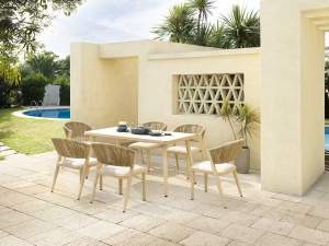 SET MOBILIER DE TERASA BRIZNA, MASA+6 SCAUNE, EFECT DE MARMURA ALBA/FAG/BEJ, DIN LEMN DE FAG SI FIBRA SINTETICA, STIL MODERN - Img 2