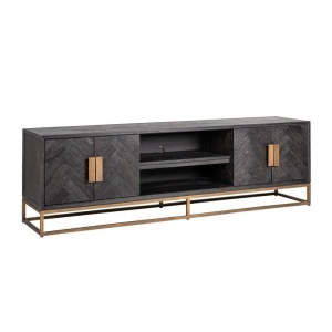 COMODA TV BLACKBONE BRASS, 200 CM, NEGRU/AURIU ANTICHIZAT, DIN FURNIR DE STEJAR SI METAL, RICHMOND INTERIORS