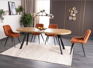 MASA DINING EXTENSIBILA DOMINGO II, 140/272 CM, STEJAR/NEGRU, BLAT DIN FURNIR NATURAL SI PICIOARE DIN METAL, STIL MODERN - Img 3