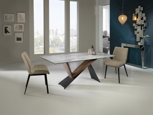 MASA DINING NOA, 180 CM, EFECT DE MARMURA ALBA/NUC/NEGRU, BLAT DIN PORTELAN SI STICLA SI PICIOARE DIN METAL SI LEMN, STIL MODERN
