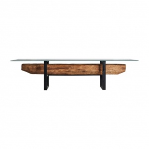 MASA DINING WIKERA REF. 28704, DIN LEMN MASIV TROPICAL, STICLA SI METAL, STIL VINTAGE, VIC