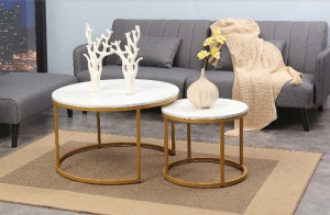 SET 2 MASUTE DE CAFEA DION, 48/80 CM, EFECT DE MARMURA ALBA/AURIU, BLAT DIN PAL LAMINAT SI CADRU DIN METAL, STIL MODERN - Img 1